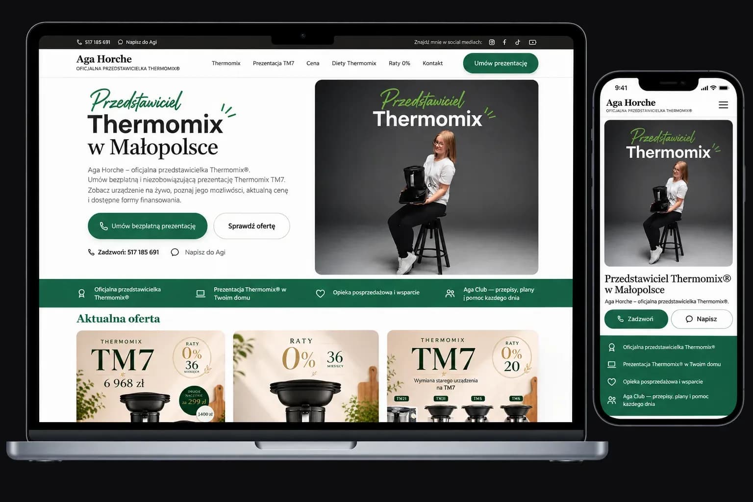 Strona Agi Horche na ekranie laptopa i telefonu — nagłówek „Przedstawiciel Thermomix w Małopolsce” z przyciskiem umówienia bezpłatnej prezentacji.