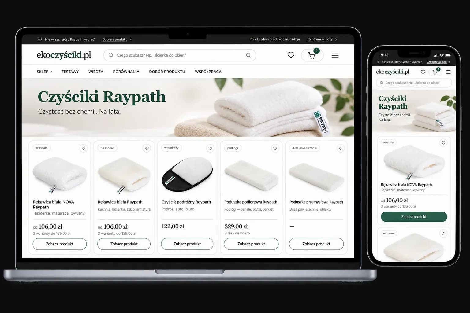 Sklep ekoczyściki.pl na ekranie laptopa i telefonu — nagłówek „Czyściki Raypath. Czystość bez chemii. Na lata.” i lista produktów z kategoriami użycia.