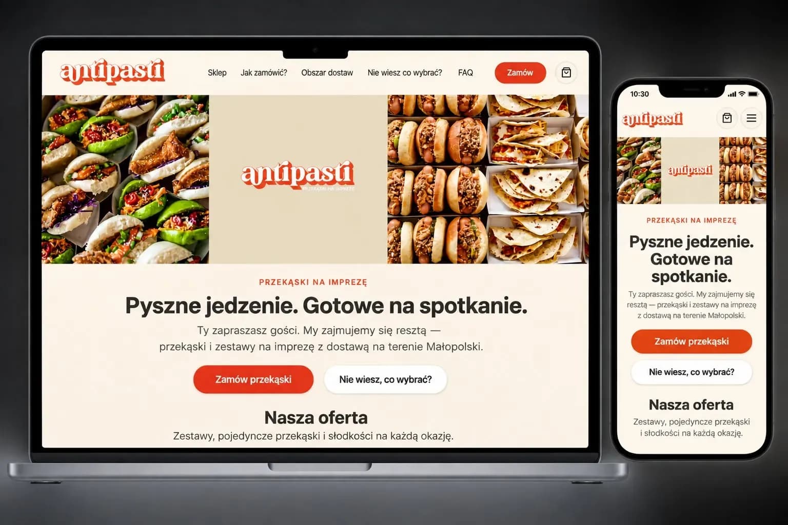 Strona sklepu Antipasti na ekranie laptopa i telefonu — nagłówek „Pyszne jedzenie. Gotowe na spotkanie” z przyciskiem zamawiania przekąsek.